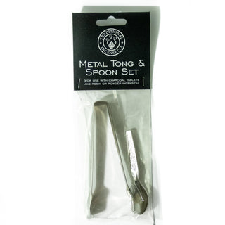 Metal tong and spoon set in plastic packaging with black label.