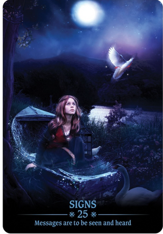 The Signs Card from the Dark Light Oracle deck shows a woman with red hair in a canoe under the moonlight. A white dove flies beside her, there is a lake and purple flowers in the background.