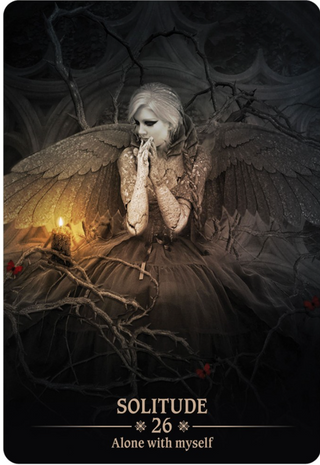 The Solitude card of the Dark Light Oracle deck shows a blonde woman with black angel wings and a black dress. Her hands are together as if in prayer and she is looking at a lit candle. The background is dark. 