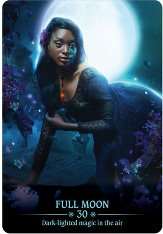 The Full Moon card of the Dark Light oracle deck shows a Black woman with a bright full moon illuminated behind her. It is night, she is wearing a black dress surrounded by purple flowers. 