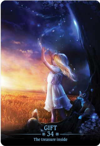 The Gift card from the Dark Light  oracle deck shows a blond young girl in a white dress. She is standing in a field and her hands are raised toward the dark night sky. There are forest animals watching her peacefully.